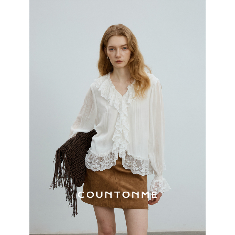 Countonme Romantic/French-Style Tencel Ruffled V-Neck Heavy Lace Elegant Relaxed Long-Sleeve Shirt
