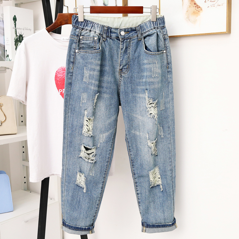 Plus Size Women's Loose Ripped Jeans, Fat-Friendly Cropped Harem Pants, Extra Large Korean Style 100kg High-Waisted Thin Version