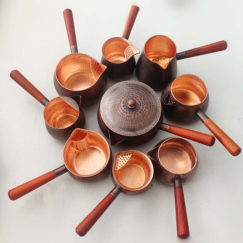 Large Pure Copper Tea Canister, Handmade Hammered Texture, High-End Thickened Vintage Copper Teapot with Side Handle and Sharing Cup