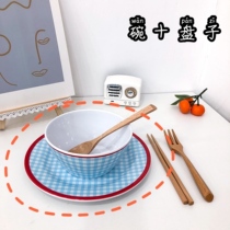 * Piece acridine * ins French girl heart tableware tender blue and white plaid plastic creative dinner plate Heat-resistant cold bowl plate