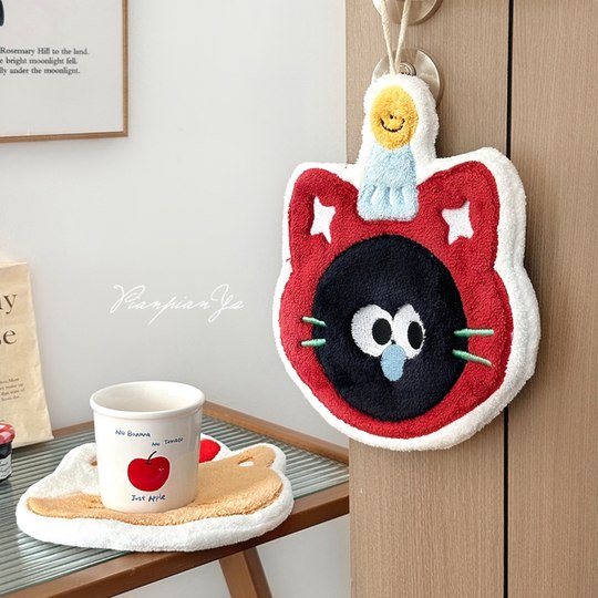 耳机猫咪擦手巾厨房卫生间加厚挂式珊瑚绒擦手毛巾吸水擦手布手帕