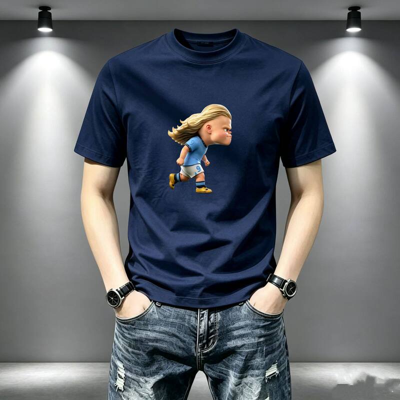 Summer New Style Haaland Cartoon Print Short-Sleeved T-Shirt for Men, Round Neck, Pure Cotton, Casual, Versatile, Trendy Top