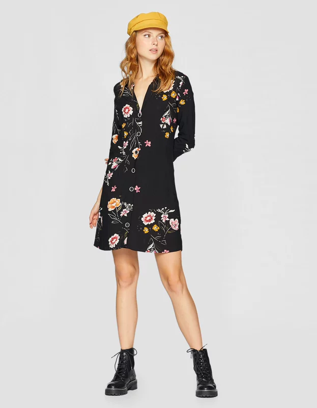 Giảm giá thu đông Stradivarius Đầm dự tiệc dài tay dài Váy cổ chữ V 06277173001 váy hạ eo công sở	