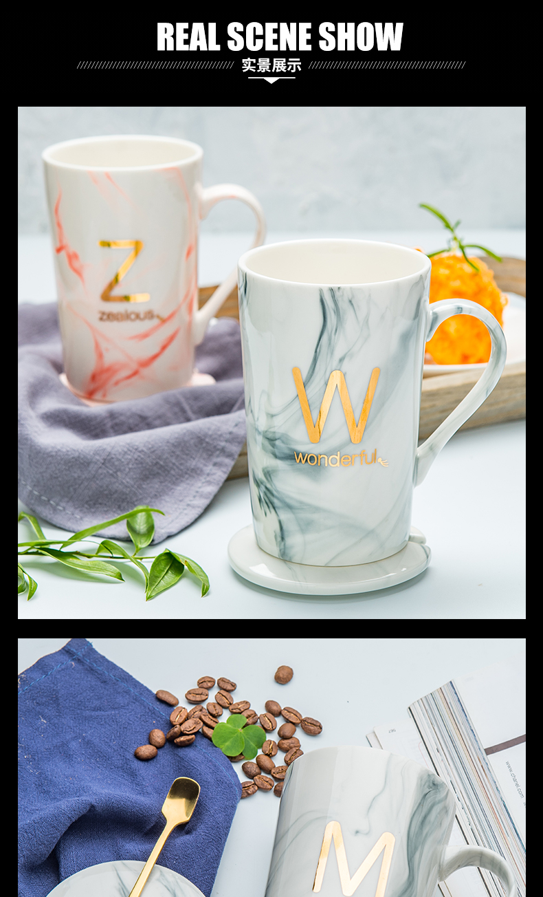 Men 's and' s household ceramic water mark cup ins creative trend couples move coffee milk tea cups with cover a spoon