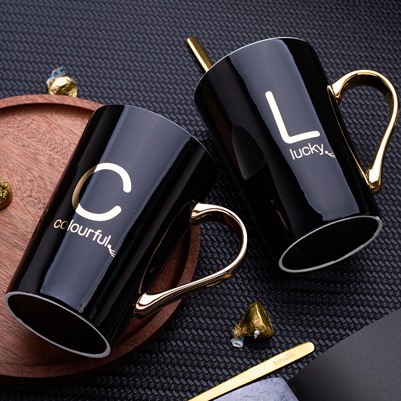 Nordic letters ceramic cups with cover spoon move creative trend mark cup men 's and women' s household glass coffee cup