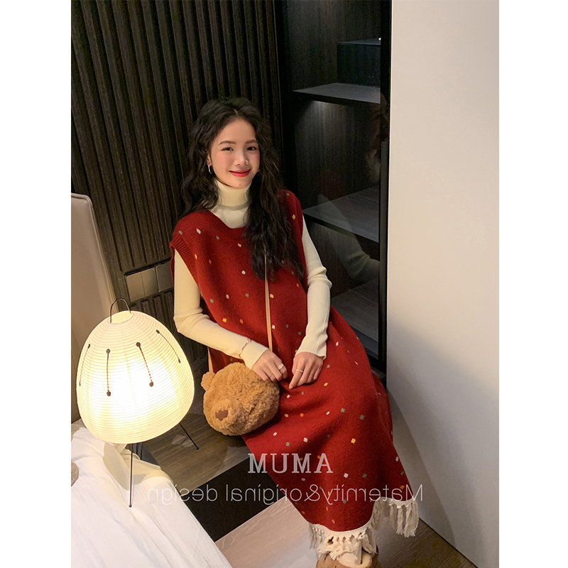 ◆ Amum Maternity Wear ◆ Fragrant Cherry~ Forest-Style Knitted Polka-Dot Tassel Sweet New Year Retro Vest Red Dress ◆ Amum Maternity Wear ◆ Fragrant Cherry~ Forest-Style Knitted Polka-Dot Tassel Sweet New Year Retro Vest Red Dress
