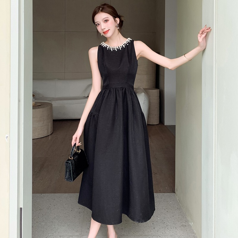 European Style Black Vest Dress for Women, Summer Light Luxury Hepburn Style Beaded Evening Dress, High-End A-Line Long Dress