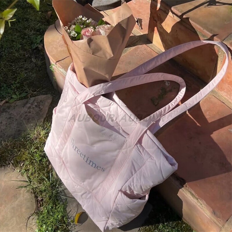 Korean Niche Brand Threetime Tote Bag, Quilted Pink Laptop Bag, Blogger's Same Style, Fashionable Shoulder and Handbag