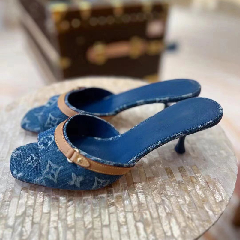 European and American 2026 Spring and Summer New Denim High-Heeled Open-Toe Sandals for Women with Printed Stiletto Heels