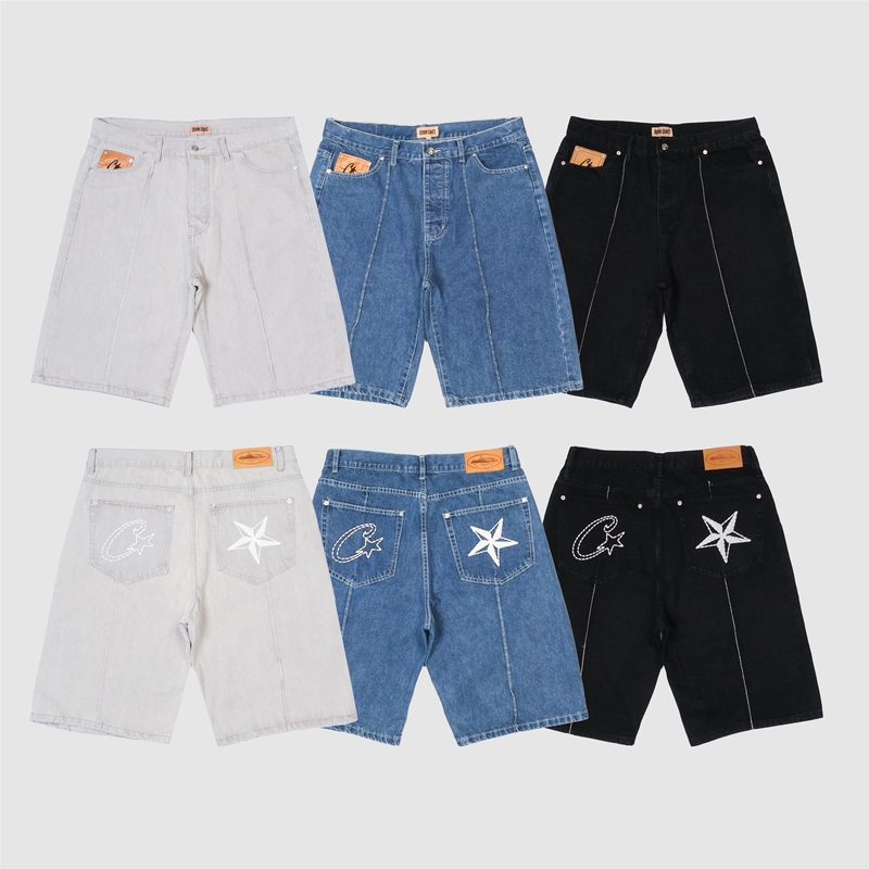 In-Stock Corteiz Cropped Denim Shorts Boxy Over-The-Knee Hip-Hop Baggy American Cleanfit Skateboard
