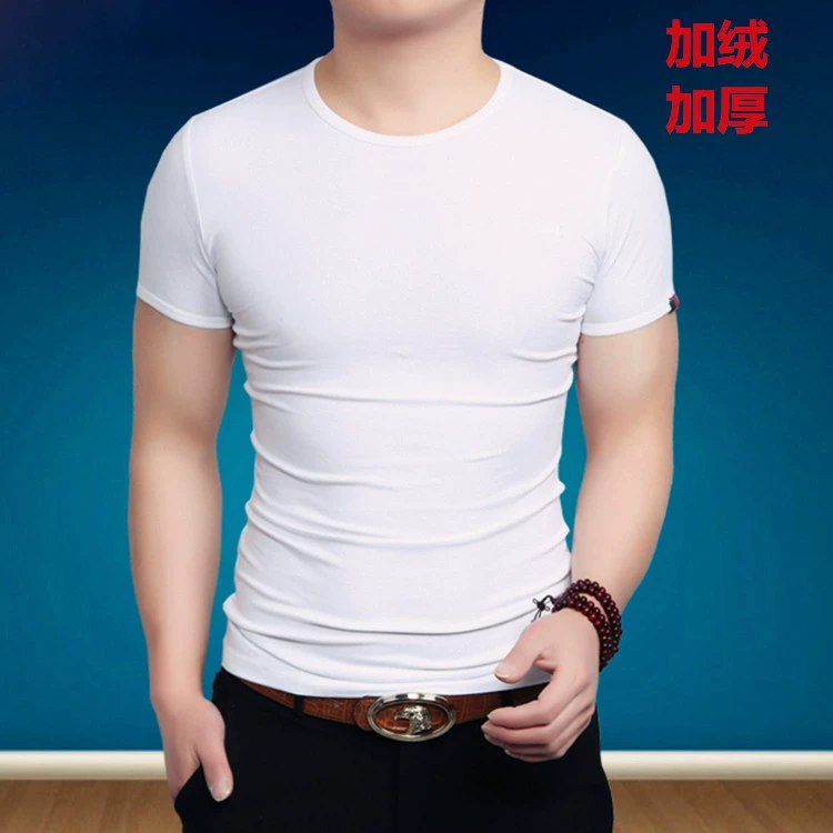 Áo sơ mi nam cotton ngắn tay mùa đông cộng với áo thun nhung dày màu nửa rắn tay áo đáy quần Slim v-cổ đồ lót nhiệt áo giữ nhiệt nữ cổ cao	