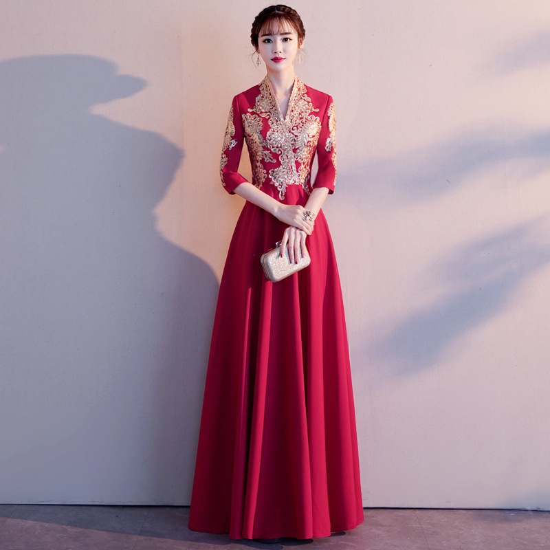 Wedding Dress for the Bride 2025 New Autumn and Winter Red Long Slim-Fit Long-Sleeved Engagement Wedding Dinner Evening Dress