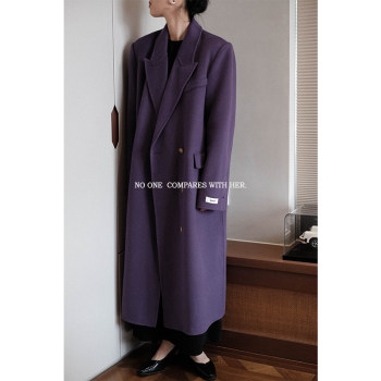 与她经典款双排扣正肩直角肩中加长款双面羊毛呢西装翻领外套大衣