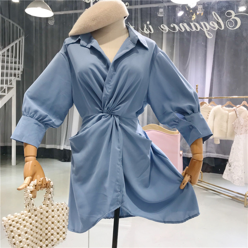 Cao đẳng gió xếp li eo khí hoang dã Một từ váy nữ 2018 mùa hè mới Hàn Quốc dài tay slim dress mẫu váy chữ a