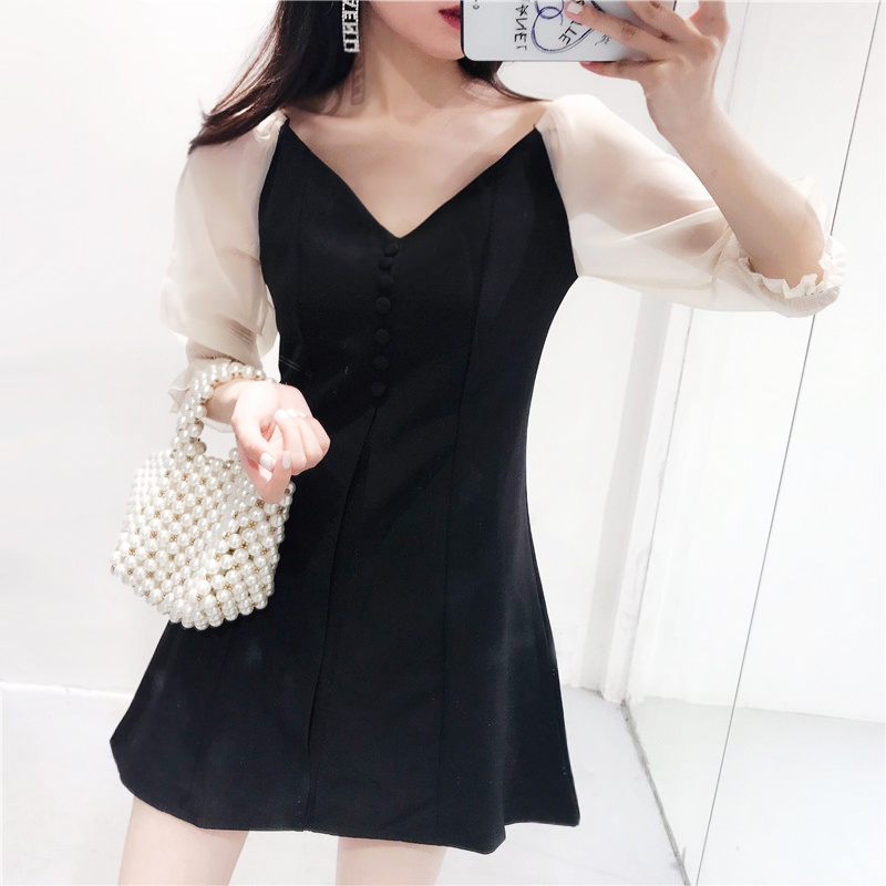 2018 mùa hè mới Hàn Quốc phiên bản của minh bạch bảy điểm tay áo khâu cao eo Slim V-Cổ tính khí giả hai mảnh váy nữ 	váy hở eo đẹp