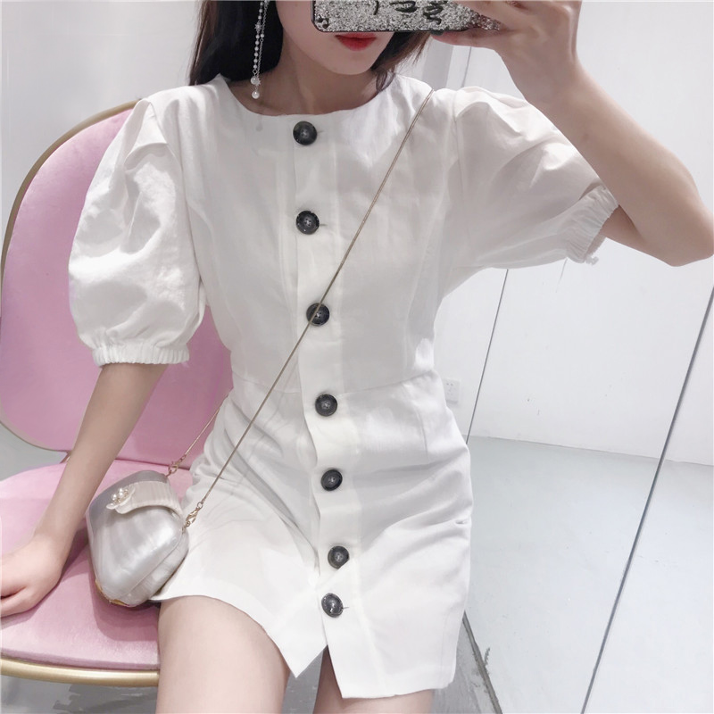 Đơn ngực cao thắt lưng mỏng một- dòng váy nữ váy ngắn 2018 mùa hè mới Hàn Quốc ngắn tay cổ tròn mỏng váy váy chữ a dài liền thân
