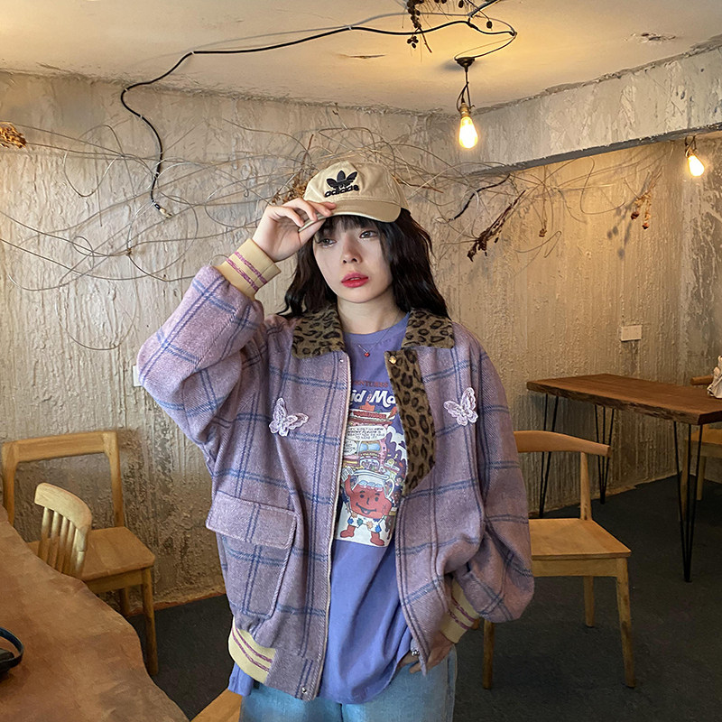 Yukidabai wool coat women's short Korean version of loose 2021 autumn and winter plaid retro butterfly BAO WEN tide