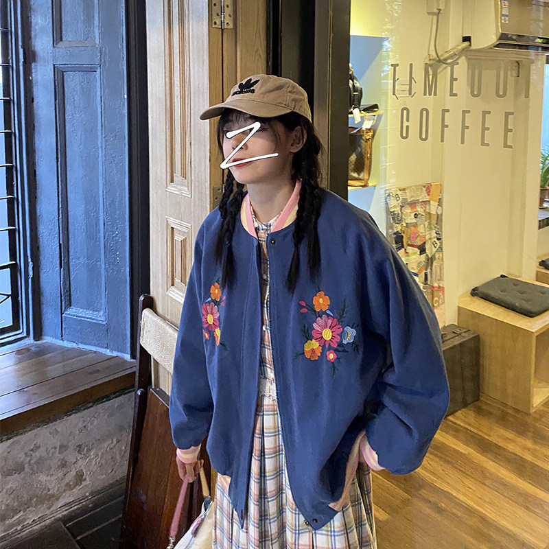 YUKIDABAI baseball uniform female spring and autumn ins retro loose Korean version student wild flower embroidery jacket tide