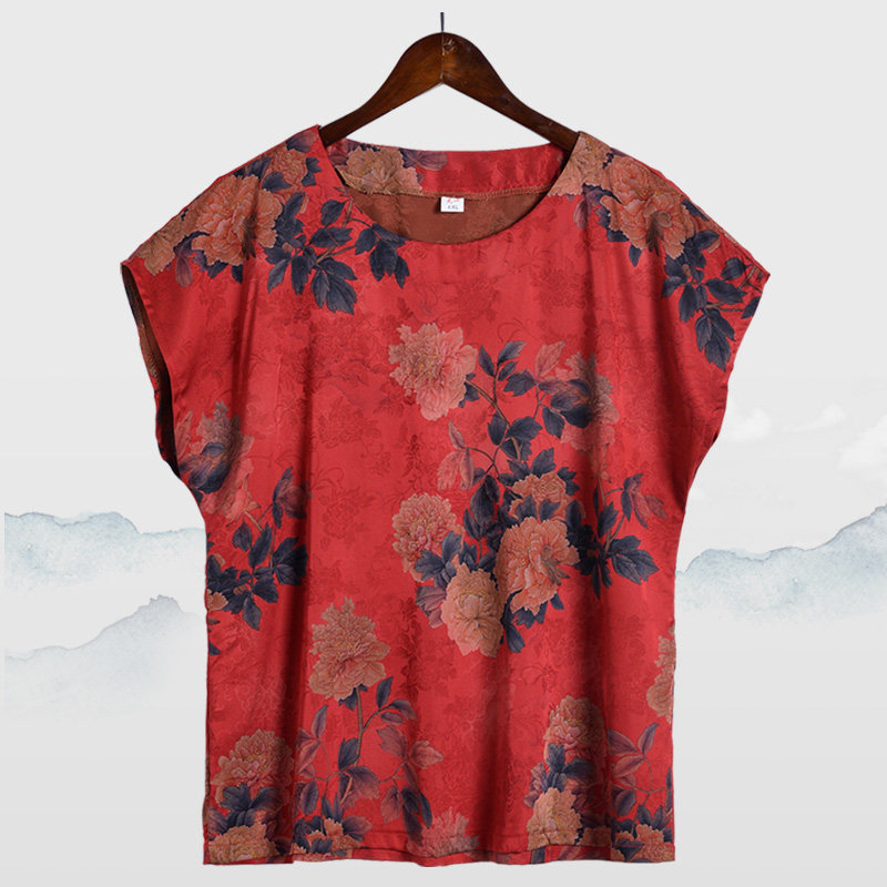 Middle-aged mom summer dress short sleeve t-shirt new simulation simulation silk printed half-sleeved bat shirt grandma large-yard coat thin