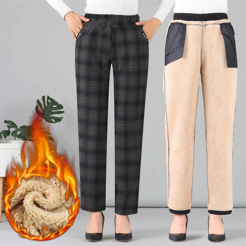 Mother winter lamb suede thickening in elderly ladies pants Grandmother dress plaid spring and autumn long pants loose outside