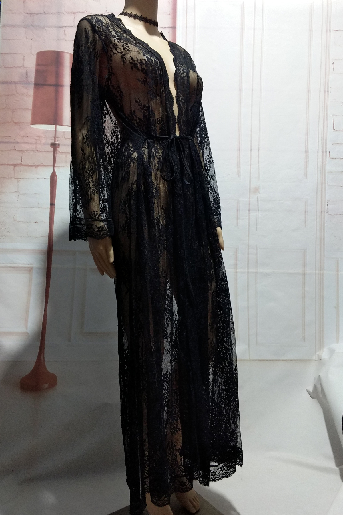 Style Sexy Lace Lace Panel Long-sleeve Beach Swimsuit Blouse Coat in Cover Ups