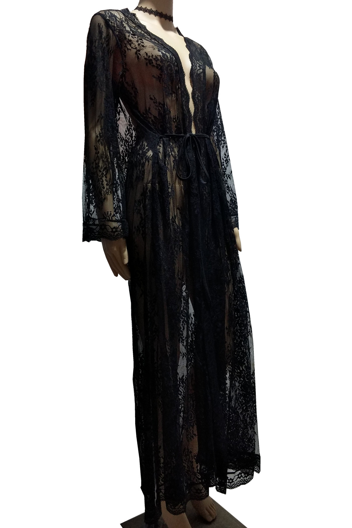 Style Sexy Lace Lace Panel Long-sleeve Beach Swimsuit Blouse Coat in Cover Ups