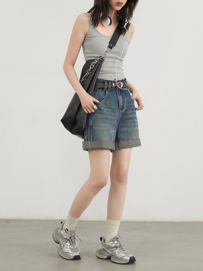 CV大码女装 夏季新款复古高腰做旧a字翻边牛仔裤短裤阔腿热裤胖mm