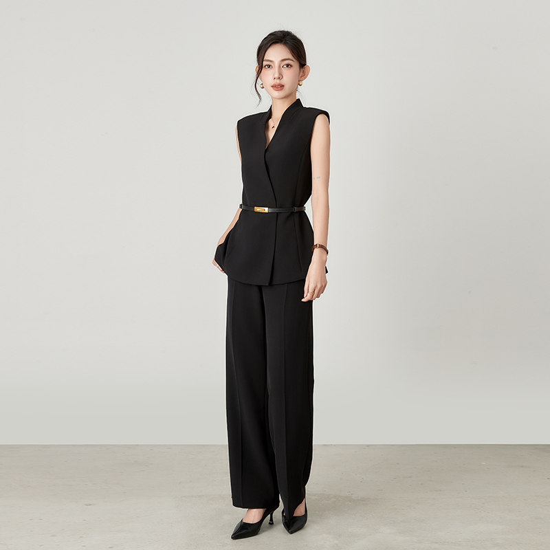 Sleeveless Suit Set for Women, Summer Thin Black Elegant Business Attire, Host Workwear, Commuting Interview Professional Formal Wear