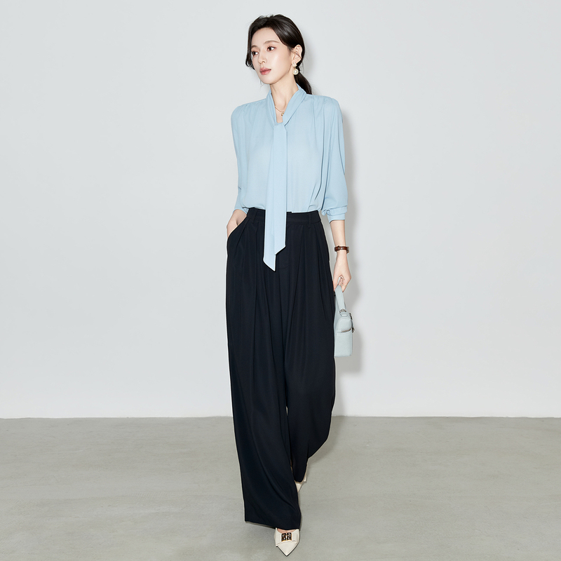 Early Autumn Fashionable Simple Long-Sleeved Shirt and Pants Set with a High-End Feel, Suitable for Professional Commuting, Elegant Inner Wear with a Ribbon, Women's Shirt