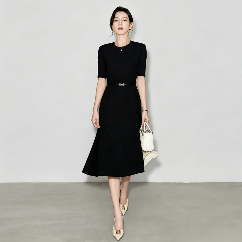 Summer French-Style Black Waist-Cinching Slim-Fit Round-Neck Short-Sleeve Dress, Gentle and Simple, Professional Commuting, Large Flared Fishtail Skirt Summer French-Style Black Waist-Cinching Slim-Fit Round-Neck Short-Sleeve Dress, Gentle and Simple, Professional Commuting, Large Flared Fishtail Skirt