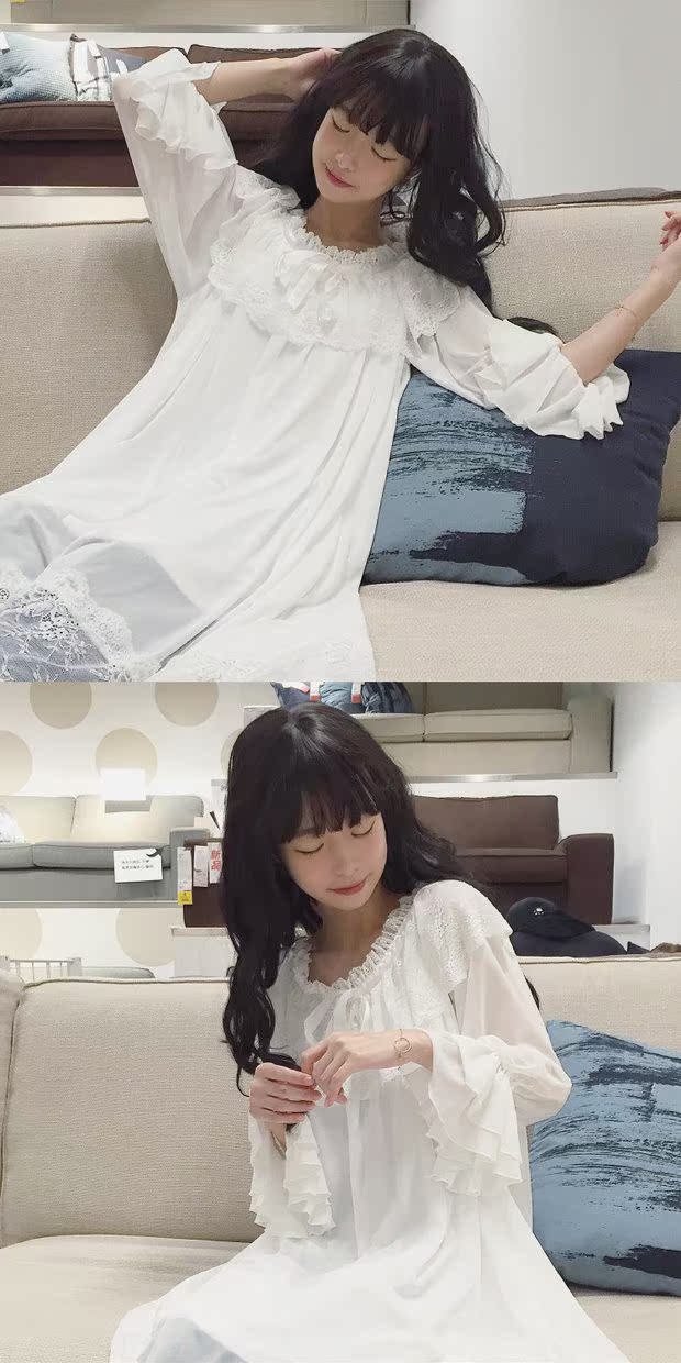 Mùa hè mới của các cô gái Nhật Bản Công chúa tươi Hàn Quốc váy ngủ dài tay ren dễ thương váy ngủ đầm maxi hoa nhí