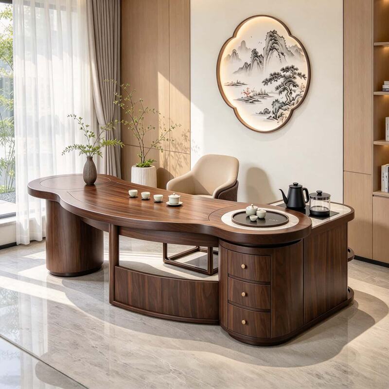 New Chinese-Style Tea Table and Chair Set with Song-Style Aesthetics, Made of North American Black Walnut Wood, Solid Wood Tea Room Tea Table, Office Large Table New Chinese-Style Tea Table and Chair Set with Song-Style Aesthetics, Made of North American Black Walnut Wood, Solid Wood Tea Room Tea Table, Office Large Table