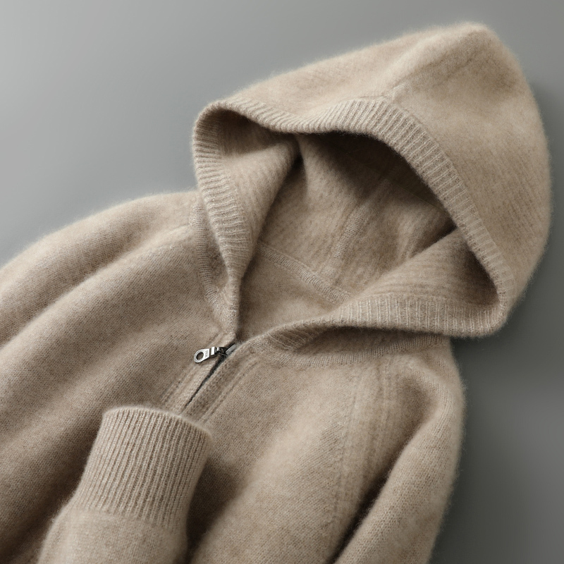 2025 Autumn Men's Hooded Knitwear Pure Cashmere European Style Knitted Men's Thick Hooded Zipper Sweater Jacket