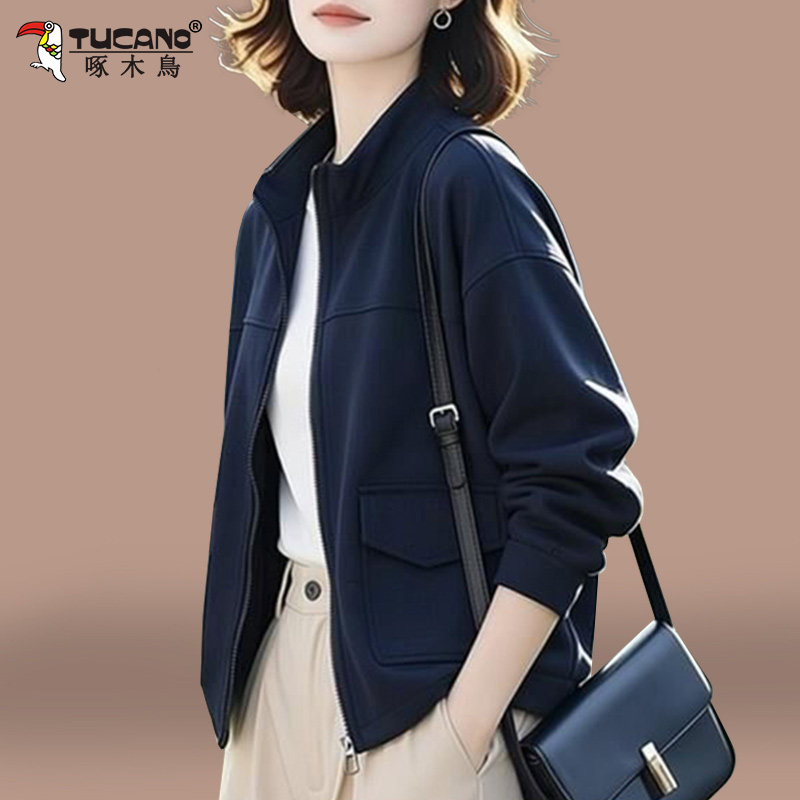 Woodpecker Mom Casual Style Stand Collar Short Jacket for Women 2026 Spring New Loose Zipper Jacket Versatile Top