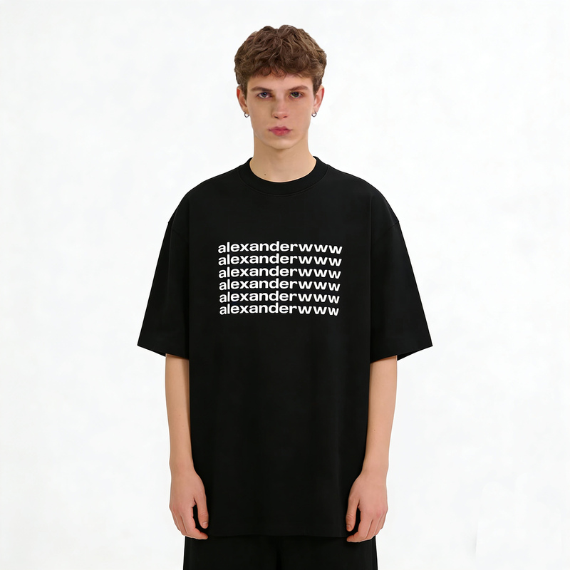 Aw King Shanghai Limited Edition Seven-Row Letter Foam Print Short Sleeve T-Shirt Loose Fit Unisex Couple Aw Vetem Trend