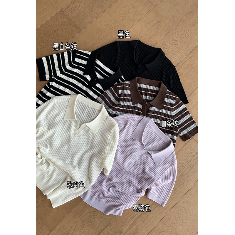 Z3007【Scissor Collar~Mulberry Silk Wool】Summer Commuting Style Versatile Short-Sleeve Knit Top for Women