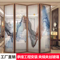 Customized silk and wire office hotel engineering glass new Chinese style art glass mountain ink painting screen partition