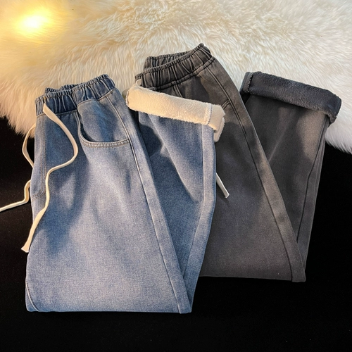 Джинсы с начесом, демисезонные штаны для отдыха, в американском стиле, свободный прямой крой