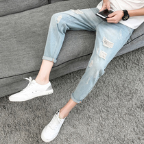 Mens jeans Korean version of the trend 2020 Summer Slim feet hole nine points summer thin straight long pants