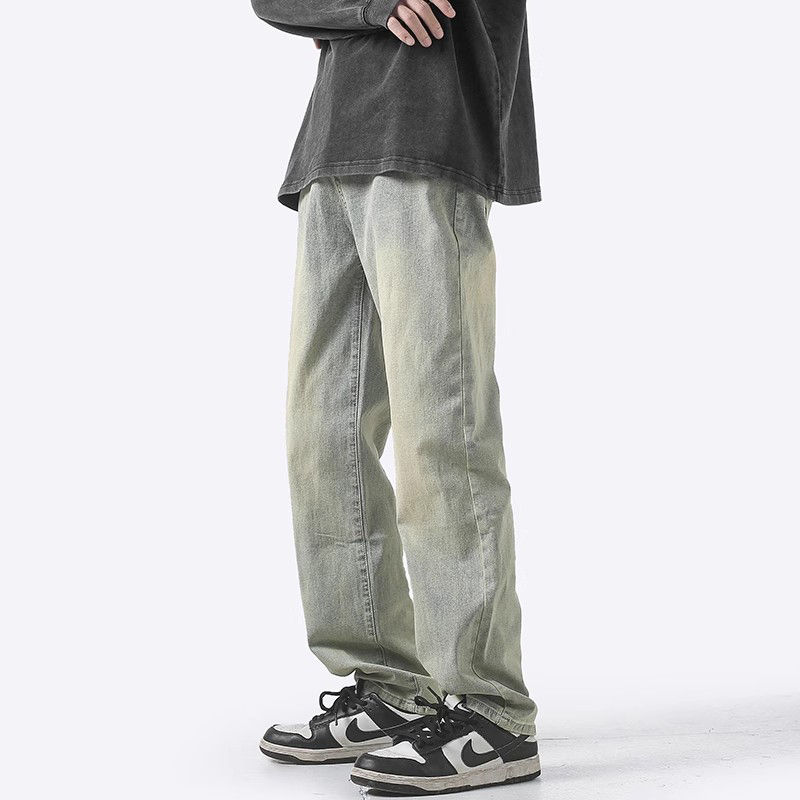 American jeans Men's autumn and winter washed up to make old retro yellow mud Dyed Micro-Bratpants High Street Loose Straight Barrel Pants-Taobao