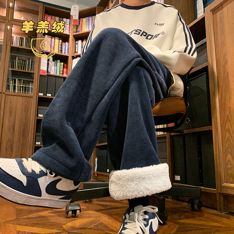 Lamb suede pants men's winter plus suede thickened cotton pants straight tube wide leg light core suede pants-Taobao
