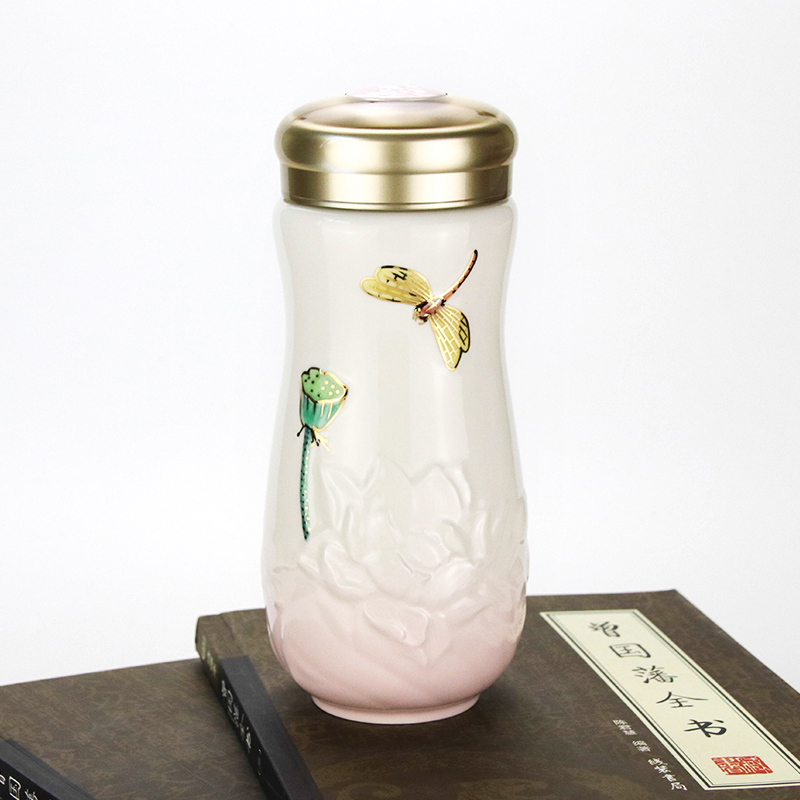 Do Tang Xuan porcelain quality goods dragonfly summer lotus cup with double creative ceramic water insulation cup send leadership is it