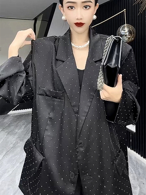European Goods 2026 Spring Fashion Retro High-End Heavy-Duty Rhinestone-Accented Acetate Satin Loose Sun-Protective Blazer