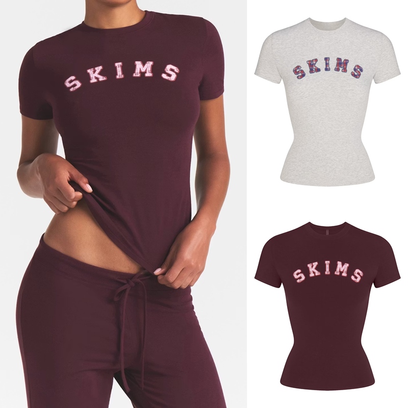 Skims Campus Cotton Jersey Logo T-Shirt Back-To-School Season Plaid Letter Short-Sleeved T-Shirt