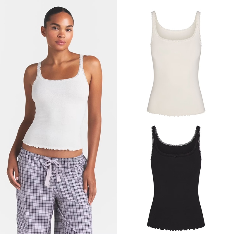 Skims Campus Logo Pointelle Cami Lace Cutout Crochet Strap Sleeveless Tank Top