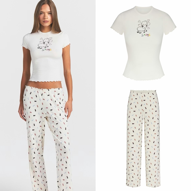 Skims Easter Logo Pointelle T-Shirt Lamb Graffiti Lace Short-Sleeved T-Shirt and Pants Set
