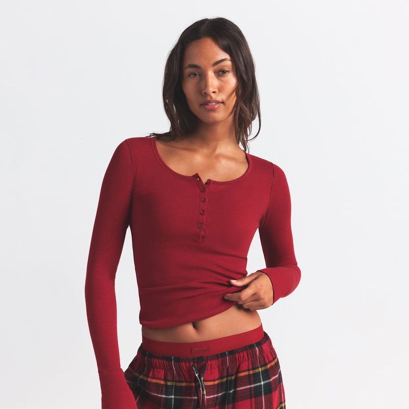 Domestic In-Stock Skims Cotton Rib Scoop Henley Ribbed Long-Sleeve T-Shirt Top with Round Henley Collar