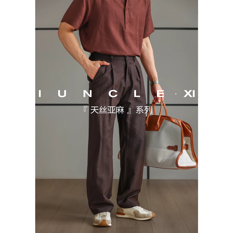 Plus-Size Summer Tencel Linen Structured Basic Soft Breathable Casual Pants for Men, Old Money Style Comfortable Commuter Trousers