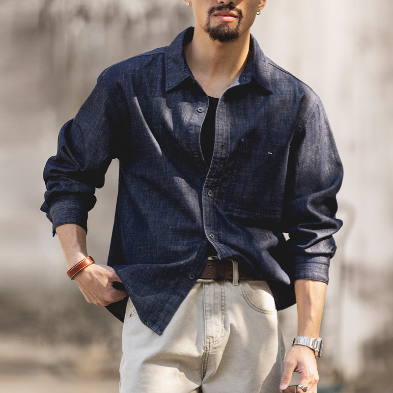 Plus-Size Cotton-Linen Eco-Friendly Reactive-Dyed Original Color Denim Shirt for Men, Spring and Autumn American-Style Commuter Long-Sleeve Shirt Jacket for Autumn Plus-Size Cotton-Linen Eco-Friendly Reactive-Dyed Original Color Denim Shirt for Men, Spring and Autumn American-Style Commuter Long-Sleeve Shirt Jacket for Autumn
