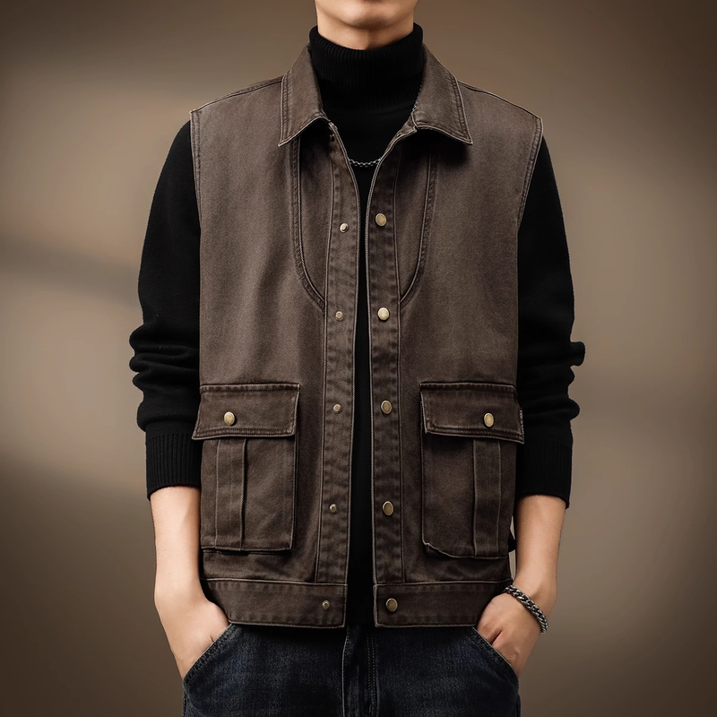 Large Size American-Style Lapel Sleeveless Vest for Men, New Summer Outdoor Fishing Loose Casual Retro Workwear Jacket for Men